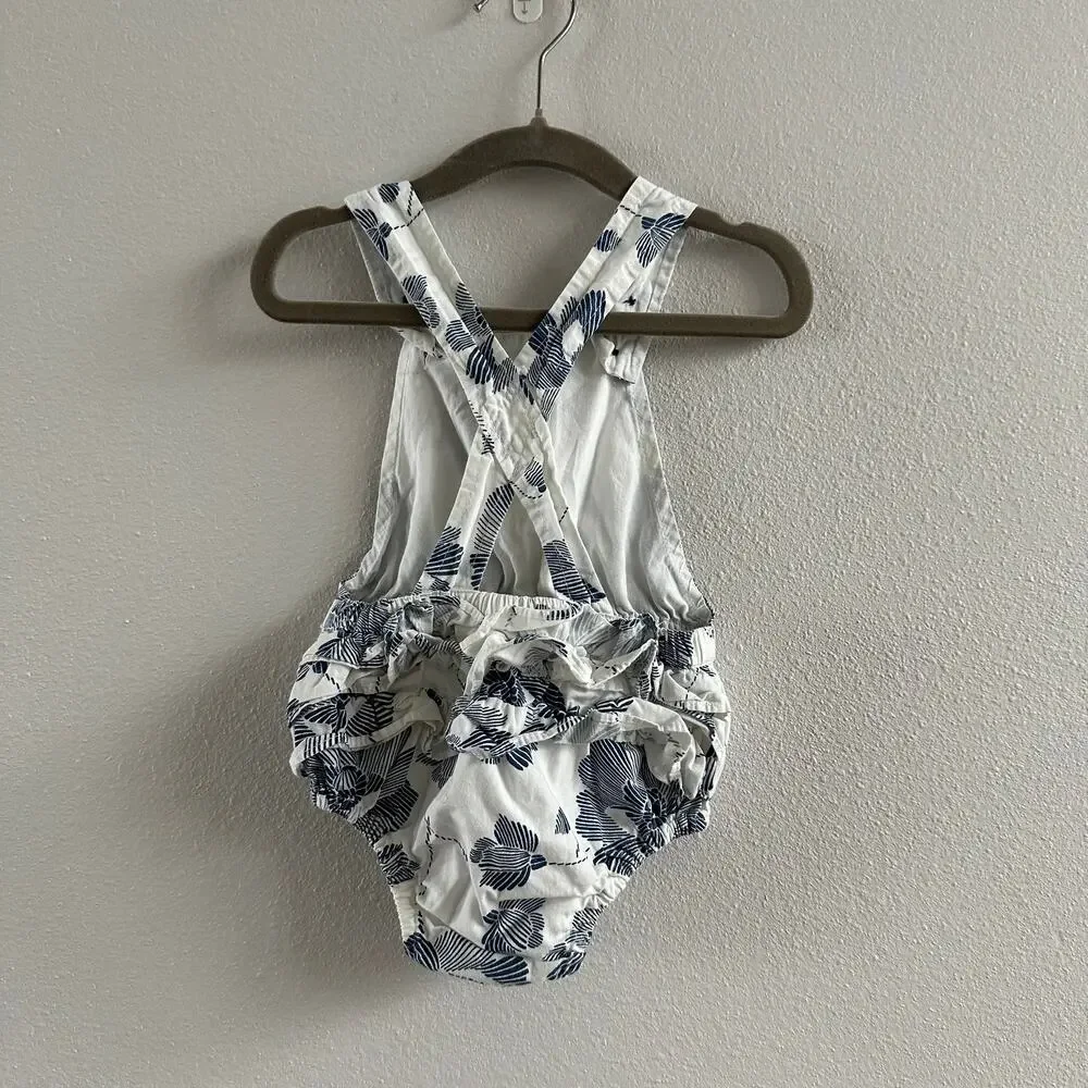 Old Navy White Blue Floral Tank one piece bubble Size 6-12 M